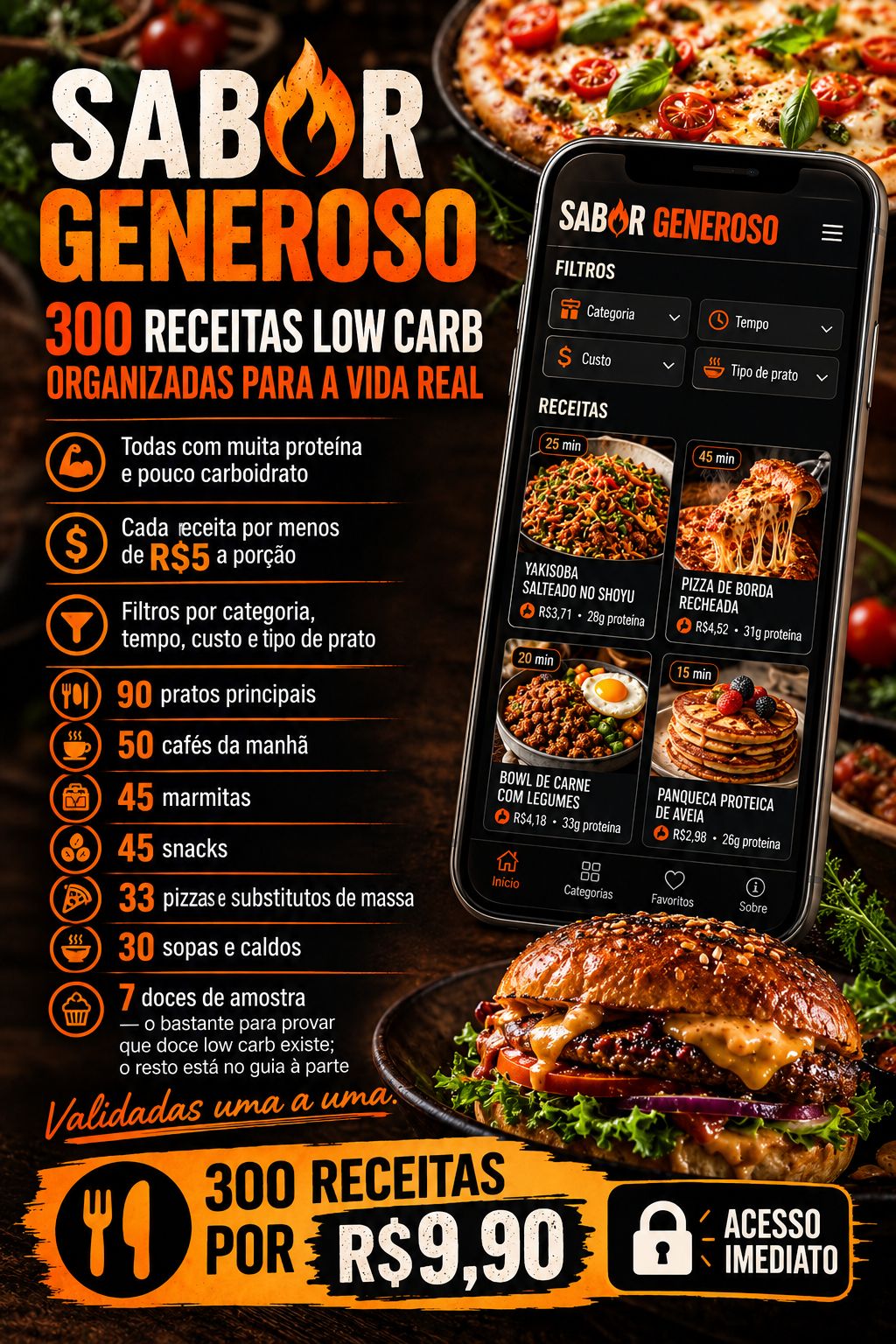 Sistema com 300 receitas aberto no celular, com filtros por categoria, tempo e custo
